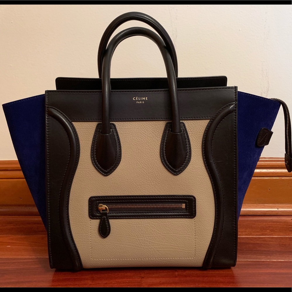 Celine black/ tan leather/ blue suede mini luggage